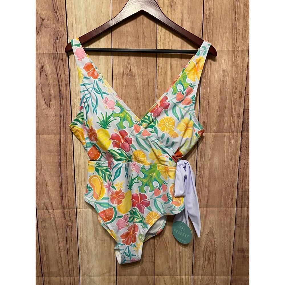 Caden Lane XL Swimsuit NWT OnePiece Yellow Wrap Tie Tropical Paradise fruit